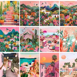 GATYZTORY DIY Oil Painting By Numbers Kit Pink Scenery Acrylic Paint By Numbers Diy Numbers Painting Art On Canvas By Numbers