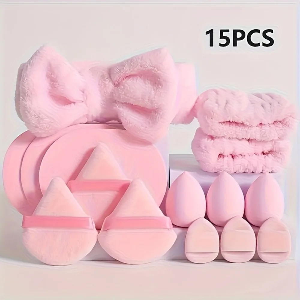 

15pcs Spa Headband Wristband Set Coral Fleece No Slip for Skincare Makeup Powder Puff Reusable Face Puff Beauty Accessories