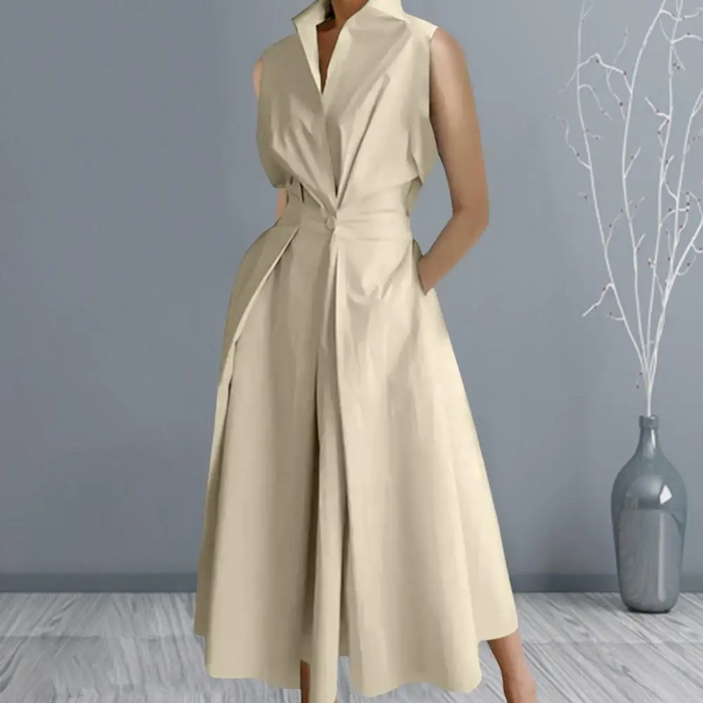 Women Lapel Collar Dress Loose Cut Midi Dress Elegant Midi Dress with Lapel Button Detail High Waist for Formal Events for Women