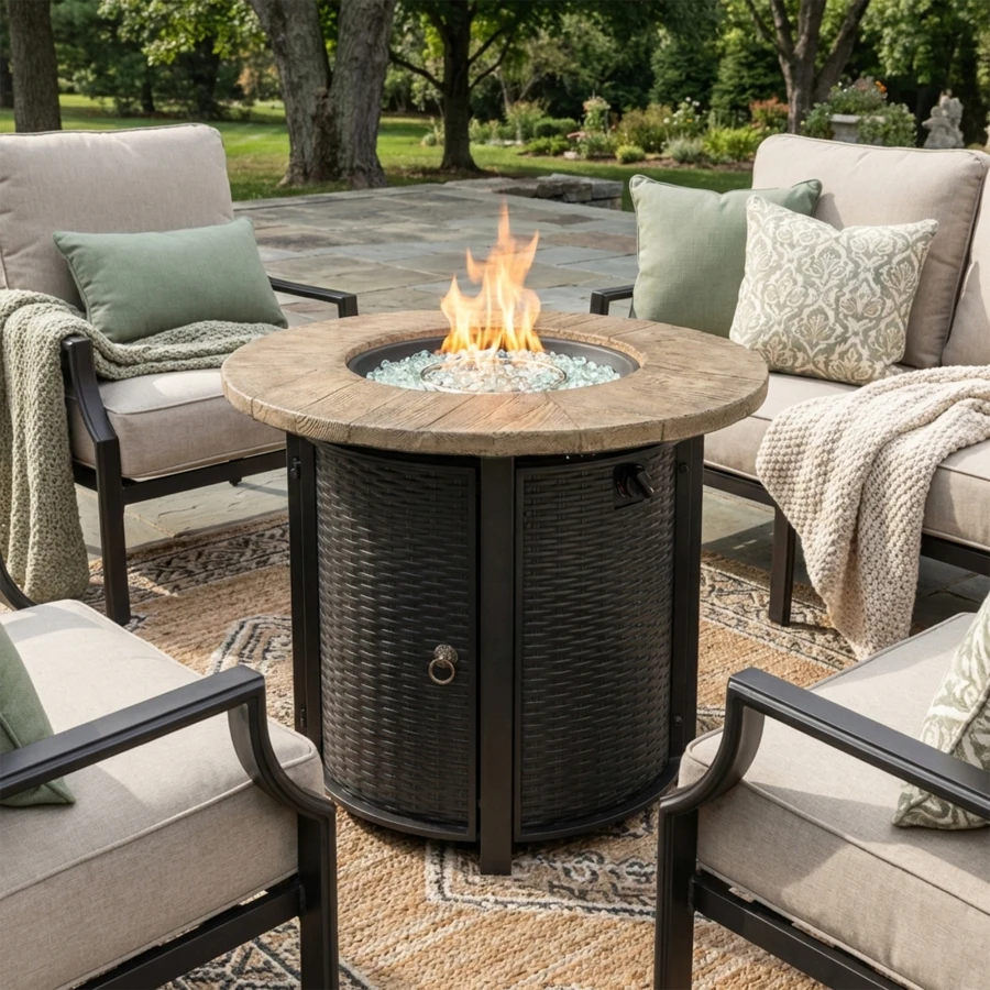 

30 Propane Gas Fire Pit Table for outdoor patio, deck, garden, backyard; steel with imitation wood grain finish, black color, 5