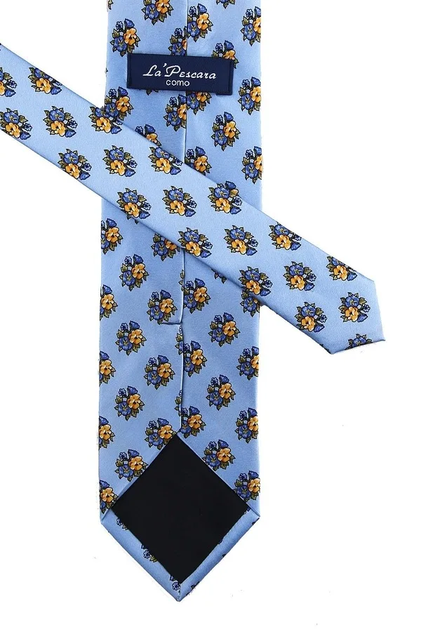 Blue Flower Pattern Printed Silk Tie İK616