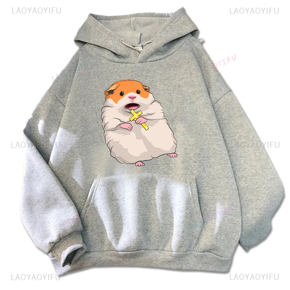 Funny Shrieking Hamster Cartoon Hoodie Woman Man Autumn Winter Drop Shoulder Graphic Sweatshirt Outdoors Warm Long Sleeve