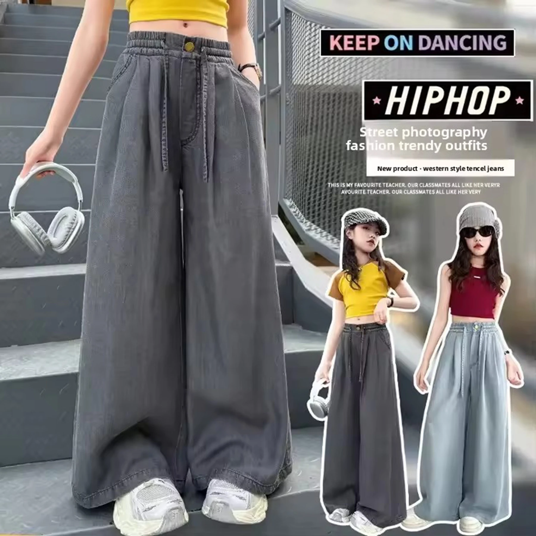 

Girls Summer Thin Wide Leg Jeans Pants Silk Denim Long Trousers Toddler Kids Outfit Primary School Fashion