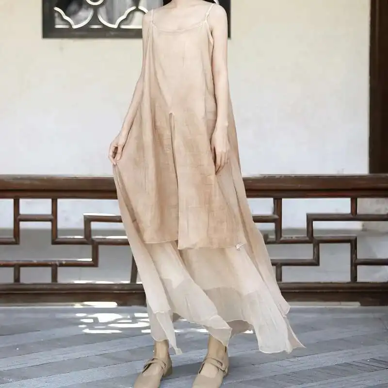 UMI MAO-Vestido feminino de algodão e cânhamo, vestido com vinco pressionado, saia tingida de carbono, saia velha, 3 camadas, fluindo, Novo, 2022