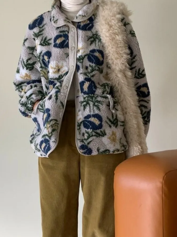 

Winter New Sle Chic Age-Defng Flower Lamb Fur Jaet Women's Retro Design Sensation Cotton Coat Trendy Floral Print