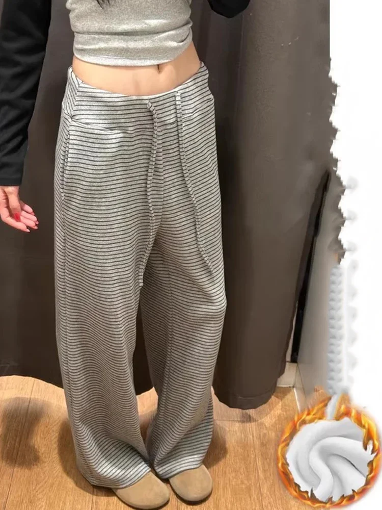 Y2K Striped Pants Women Plush High Waist Loose Lazy Wide Leg Autumn Winter Trousers