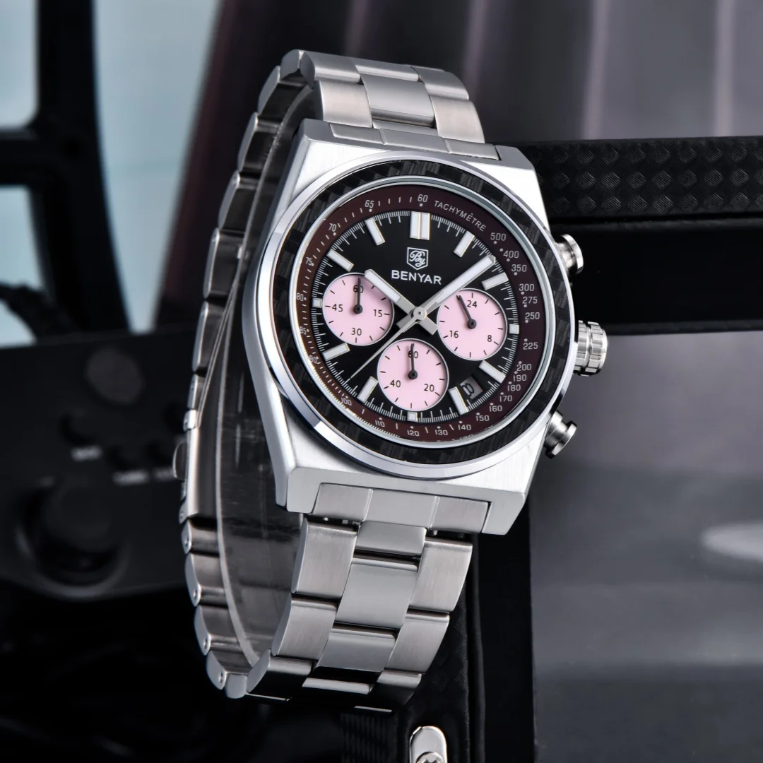 BENYAR 5229 Elegant Quartz Watches for Man Chronograph Luminous Calendar Stainless Steel Strap Business Fashion Men's Wristwatch