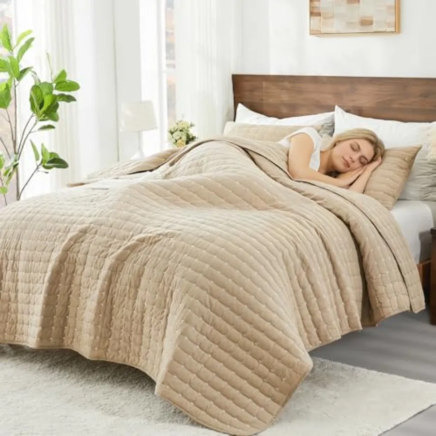 

100% хлопковое стеганое одеяло-покрывало цвета тан-крем, двустороннее, легкое, тонкое, с наволочками, универсальное