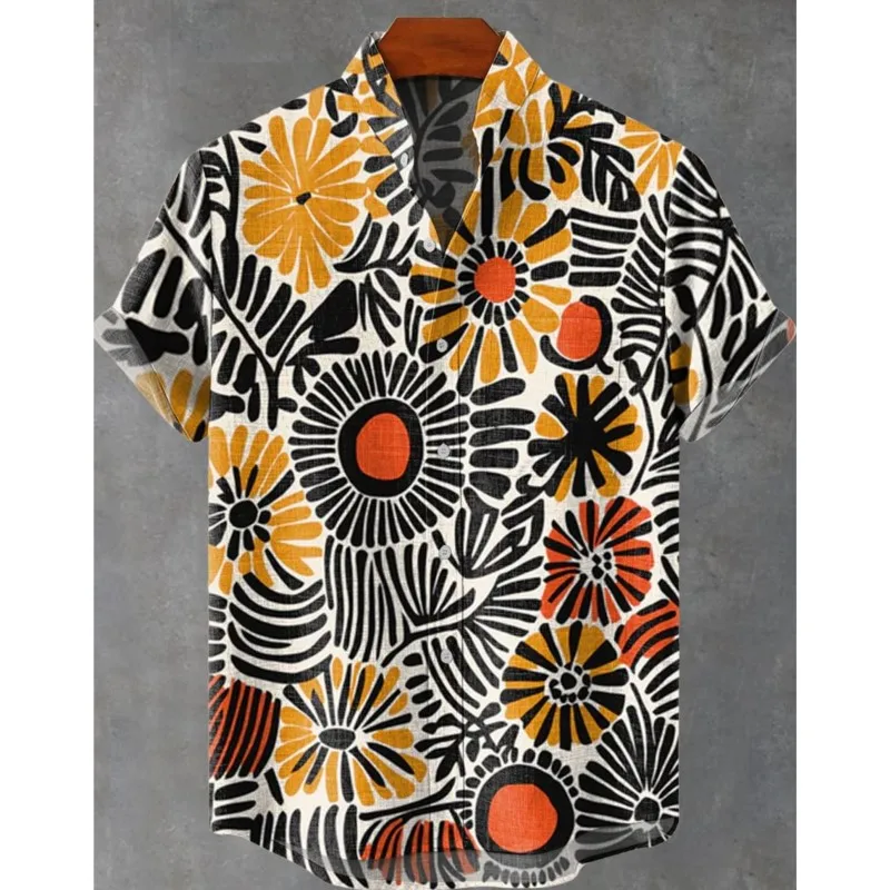 2025 men's Summer Graffiti Style Elegant Art Clear Pattern Linen Short Sleeved Shirt Luxurious Casual high-quality Button Top