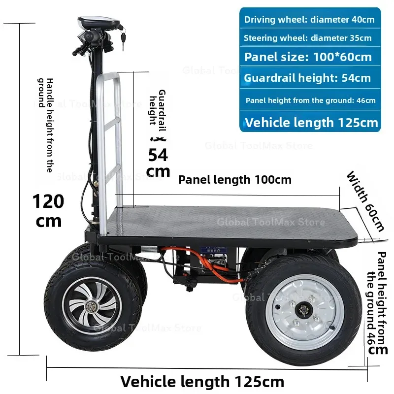 1000W Electric Flatbed Cart 48V 24Ah Lithium Battery 1 Ton Capacity Disc Brake Foldable Electric Trolley for Warehouse Farm