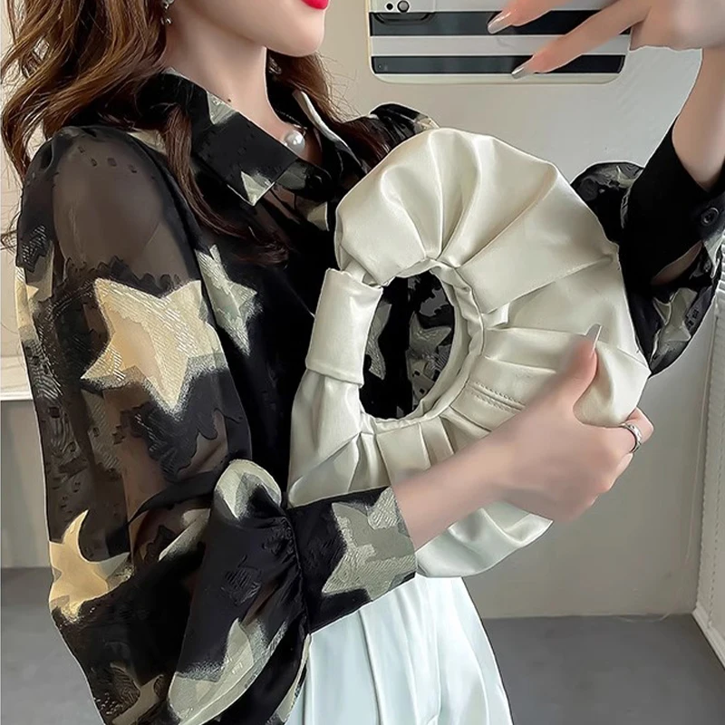 Spring Summer New Fashion Little Star Print Shirts Women Elegant Chic Polo-neck Lantern Sleeve Blouses Casual Loose Chiffon Tops