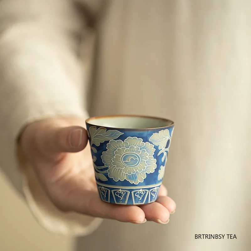 

1 Pc Chinese Vintage Ru Kiln Tea Cup Handmade Flowers Pattern Ceramic Tea Bowl Household Teacup Travel Personal Teaware 55ml