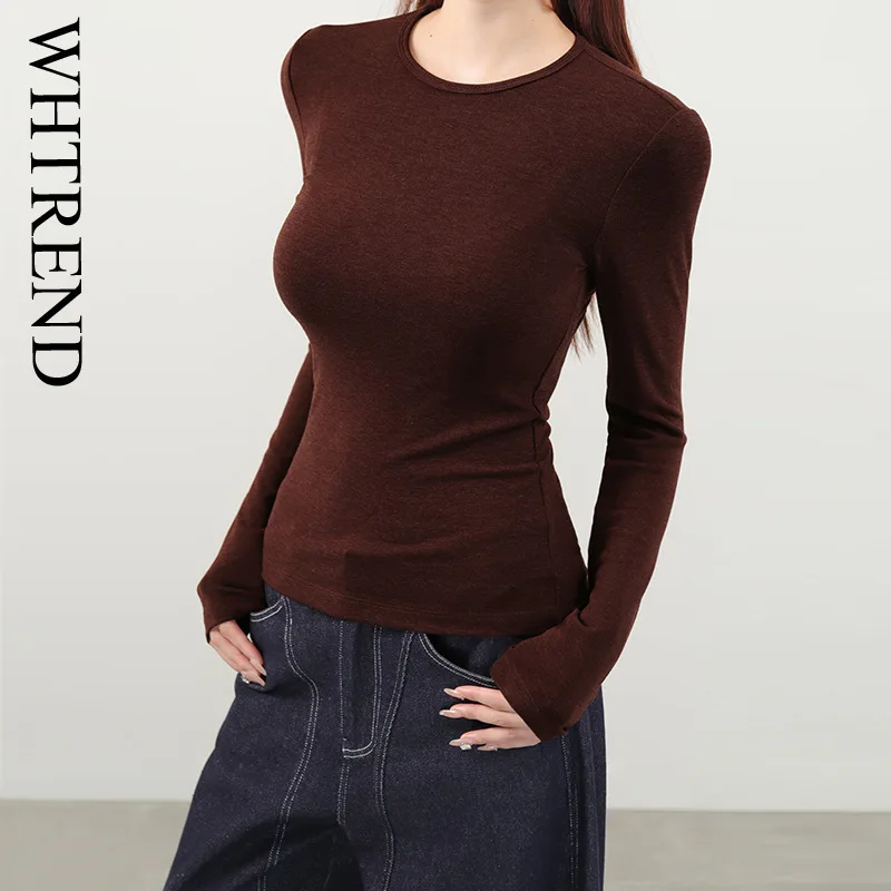 

WHTREND Base Shirt For Women Round Neck Long Sleeves Solid Color Slim Fit All Match T Shirts Female Autumn Winter WH1062