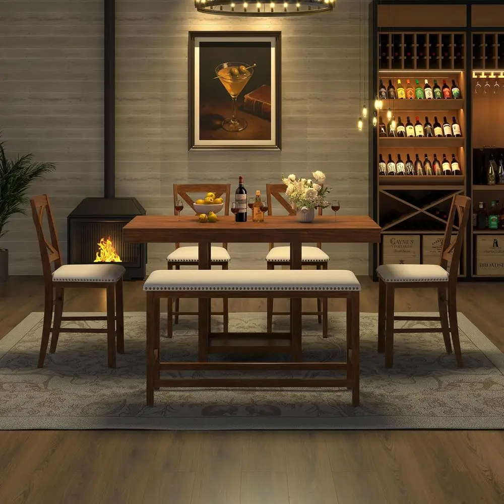 

Expandable Wooden Bar Table Set with 4 Chairs & Bench, Brown Dining Room Furniture