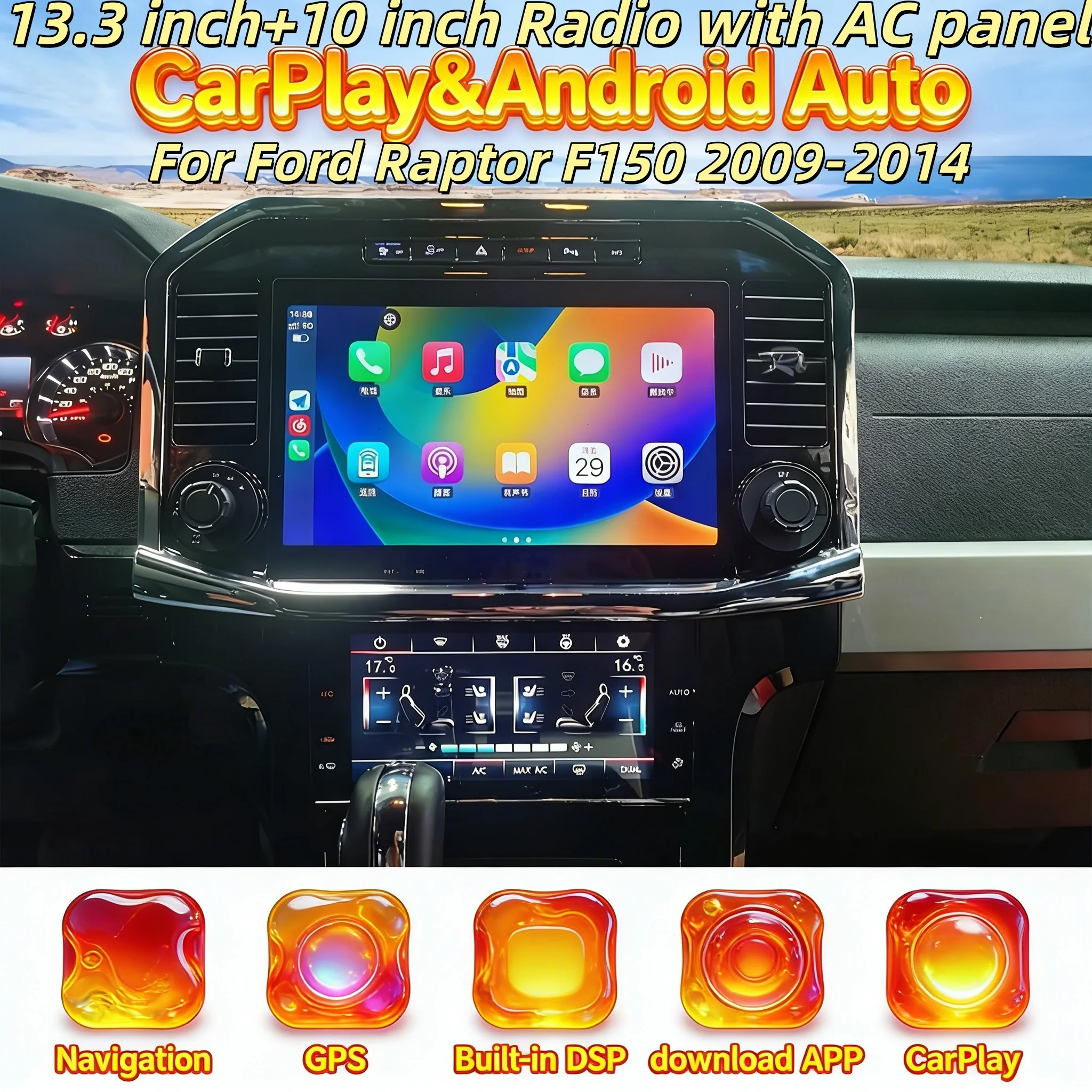 Multimedia Auto Wireless CarPlay Stereo For Ford Raptor F150 2009-2014 Android Automotive  Receiver Head Unit with AC panel