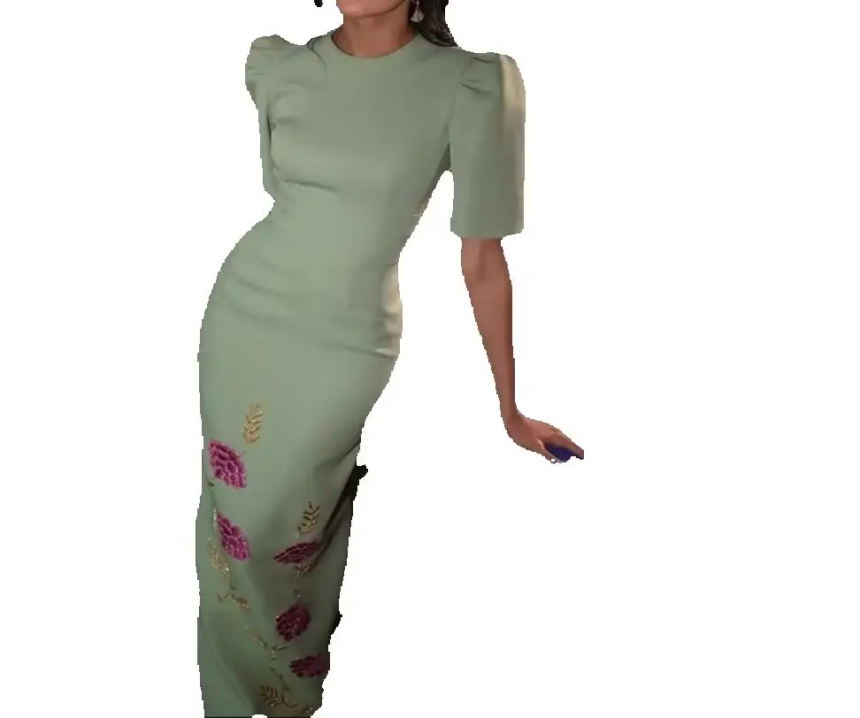 

Customized Mermaid Sage Green Mother of the Bride Dress Round Neck Puff Sleeve Floral Tulle Train Wedding Guest Gowns