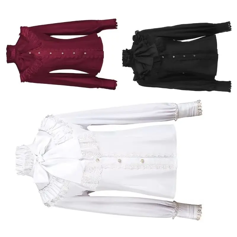

Sleeve Bows Tie Medieval Blouse Women Victorian Steampunk Ruffle Lace Shirt Long