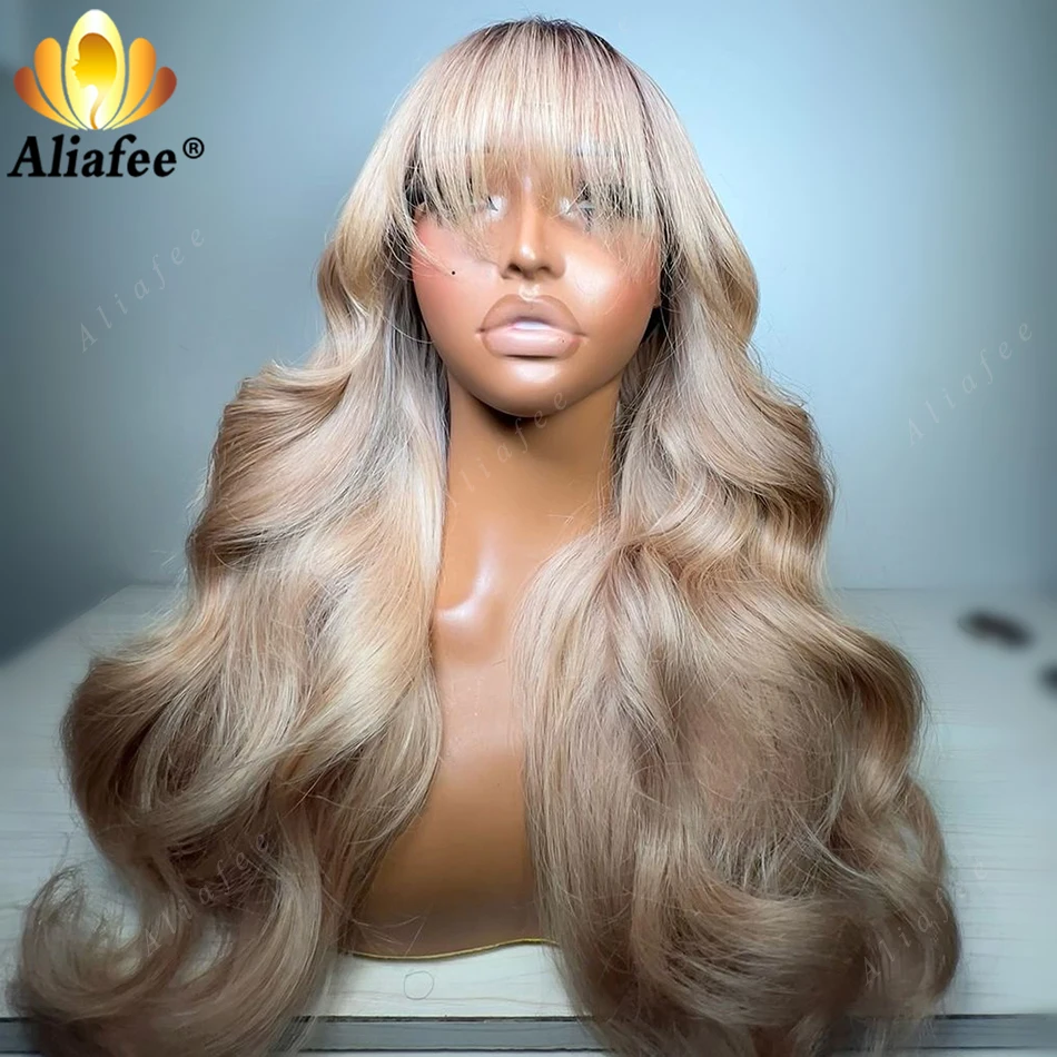 13X6 Bangs Human Hair Wigs Ombre Blonde Bangs Wig Transparent Body Wave Blonde Lace Front Wig Human Hair With Bangs for Women