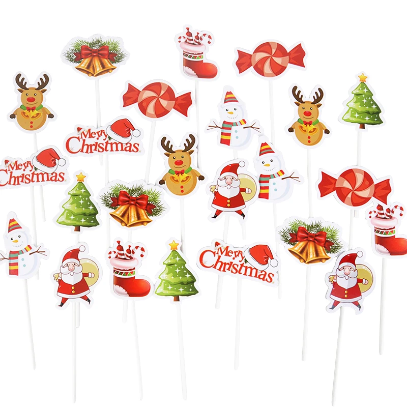 24/48Pcs Cartoon Christmas Cake Topper Santa Claus Xmas Tree Cupcake Topper for New Year Party Xmas Cake Decoration Noel Navidad