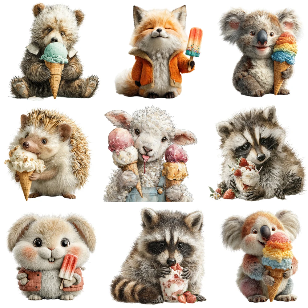 15cm Summer Ice Cream Animals Cat Squirrel Bear Diy DTF Heat Transfer Sticker T-shirt Clothes Decals Iron On Transfer Stickers