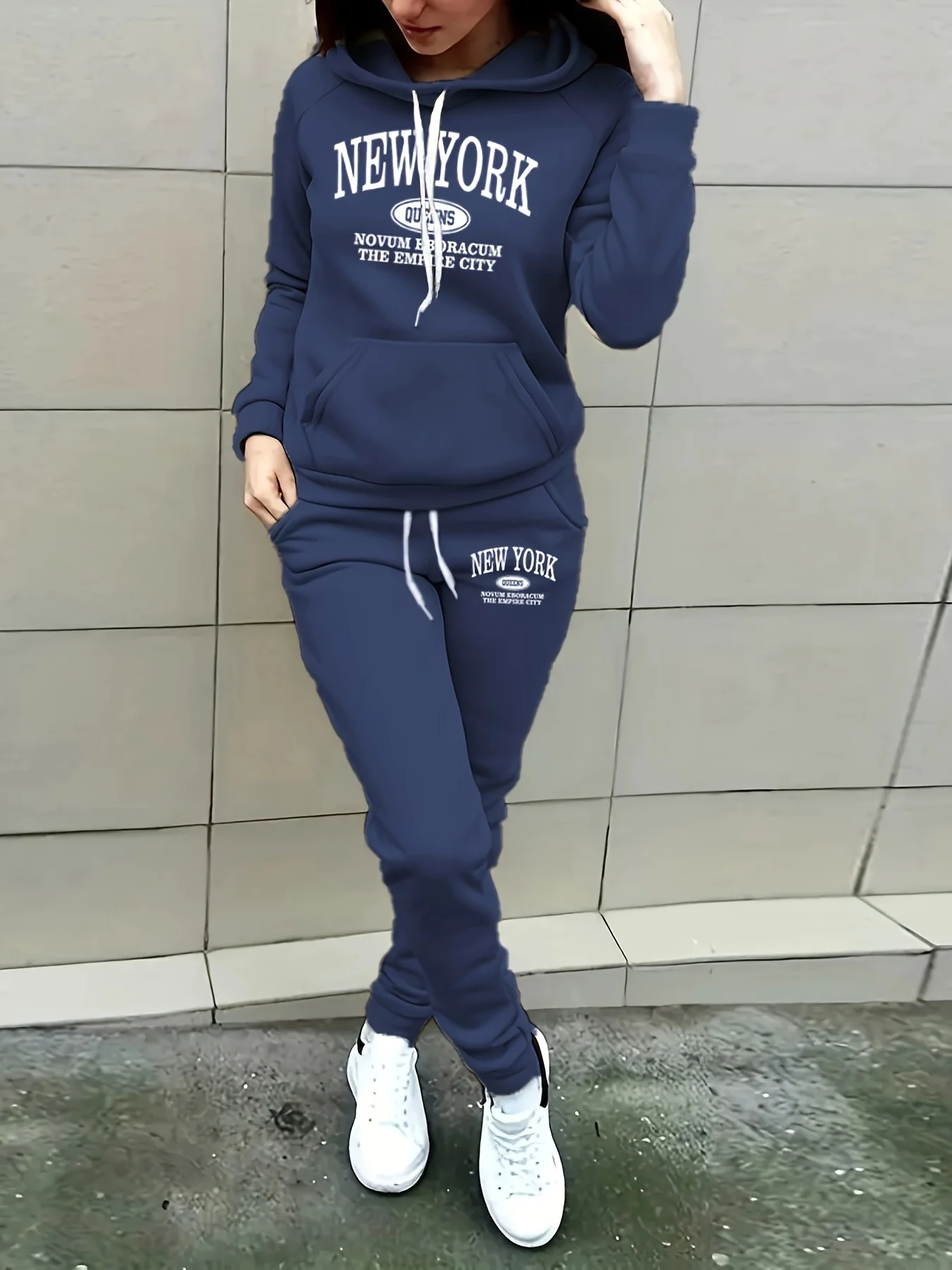 New York Print Two piece Set Casual Kangaroo Women\'s Casual Fashion Round Neck Sweatshirt, Solid Color Long Sleeves Sweatshirt,