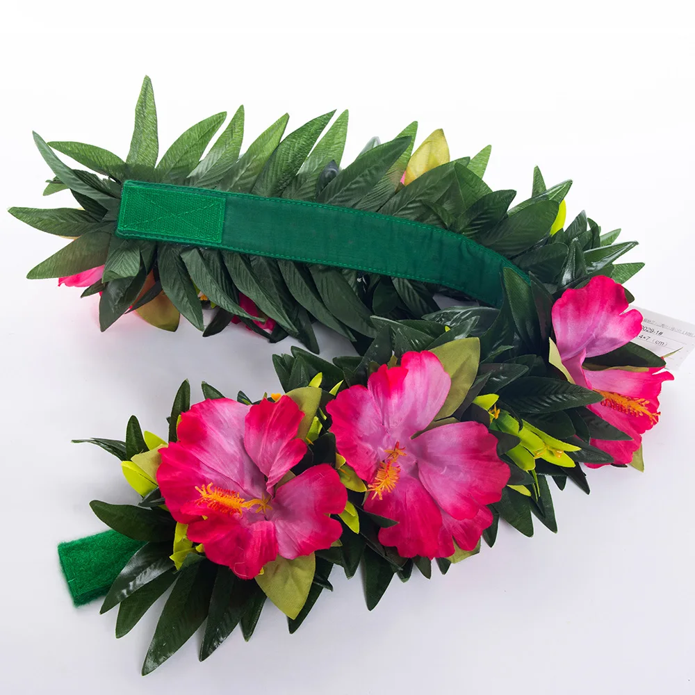 2023 Spring Summer New Style Headband Artificial Silk Hibiscus with Leaves Headband Haku Hawaii Hula Girl Dancer Headwear