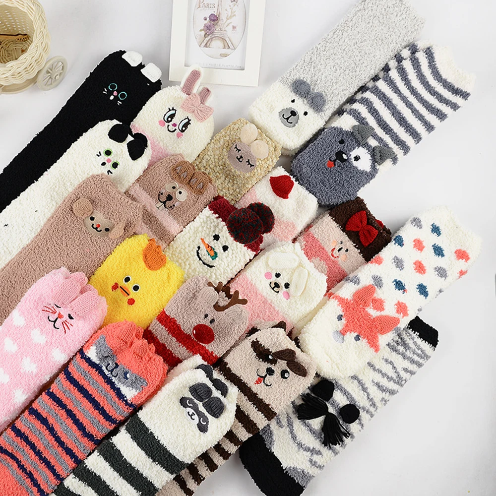 1 Pair Coral Velvet Thickened Women's Socks Warmth Softnes Elasticity Cartoon Animals Cute Style Autumn Winter Boys Girls' Socks