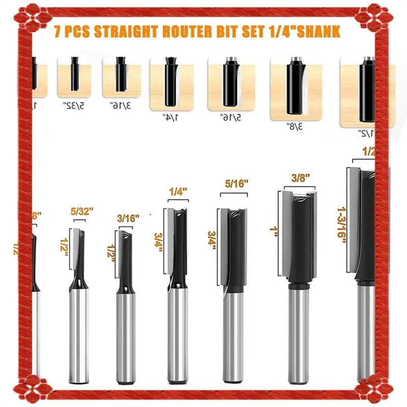 تسليم 24 ساعة 7 قطعة مجموعة لقمة توجيه مستقيمة Dado لقمة توجيه مستقيمة لأخدود النجارة-1/2 3/4 "1" 1-3/16" CL