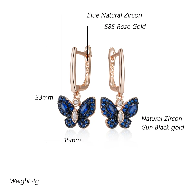 Kinel Hot Blue Natural Zircon Butterfly Drop Earrings For Women 585 Rose Gold and Black Plating Animal Daily Fine Punk Jewelry