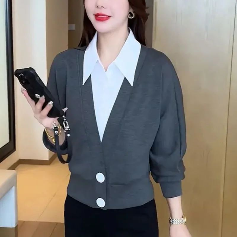 

Women Elegant Color Block Gray White Loose Straight Short Jacket Point Collar Lapel Shirts Temperament Blouse Formal All-match