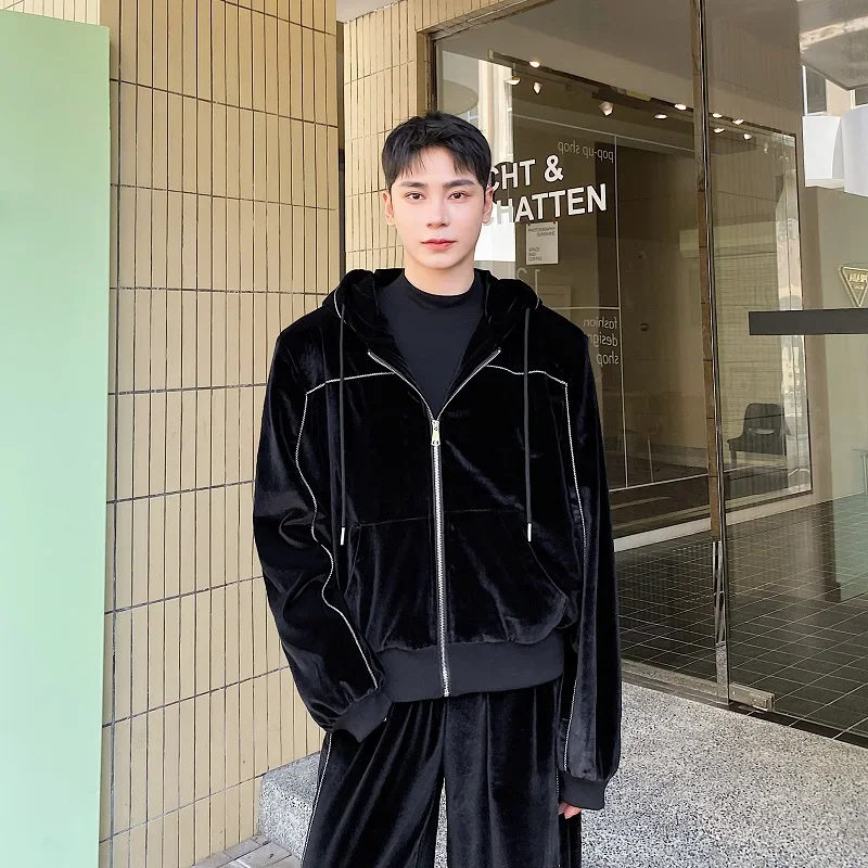 Spring Autumn Men Velvet Sets Jacket Pant Korean Streetwear Loose Casual Vintage Hooded Jacket Wide Leg Baggy Pants Tracksuits