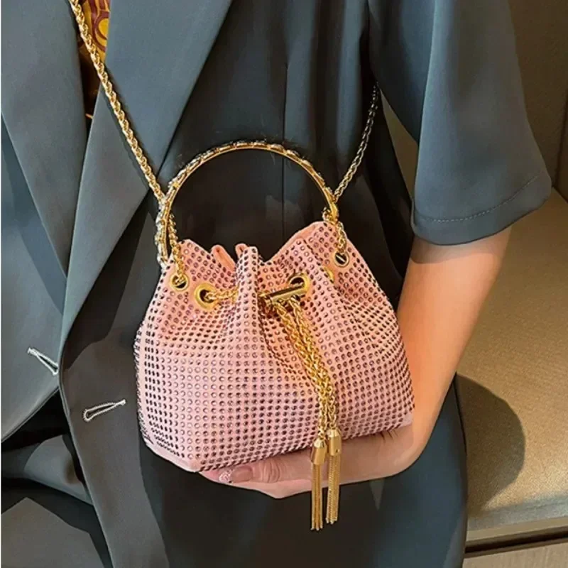 Women\'s Handbags Shoulder Candy Color Bucket Bag Round Handle Drawstring Crossbody Bags for Women Rhinestone Evening Bag Bolsa