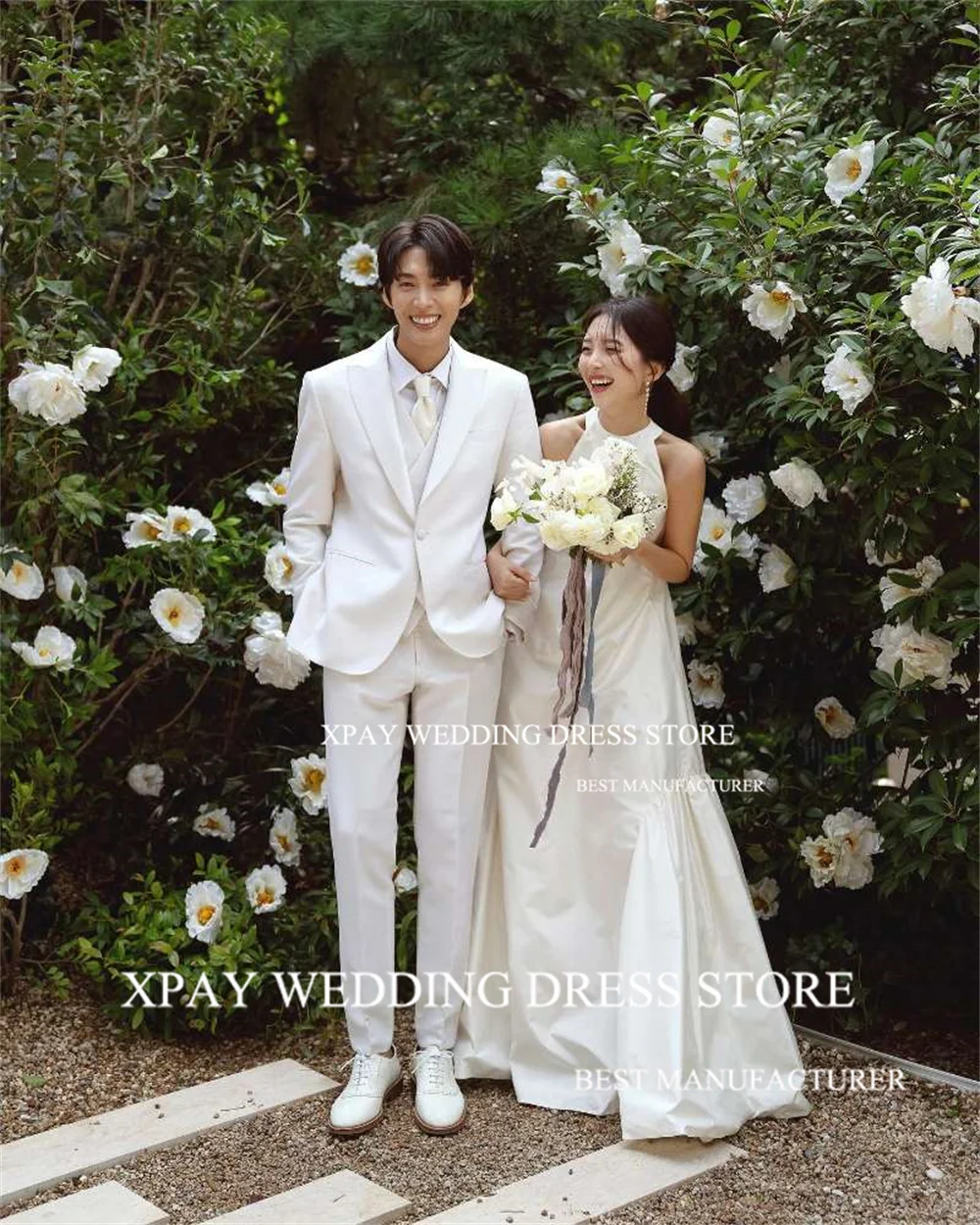 XPAY O Neck Simple Korea Wedding Dresses Real Picture Ruffles Pleats Bride Gowns Corset Backless Photography Floor Bridal Dress