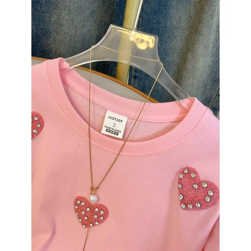 Plus Size Korean Fashion Designer Beaded Embroidered Heart-shaped Short-sleeved T-shirt Women's 2025 New Summer Top