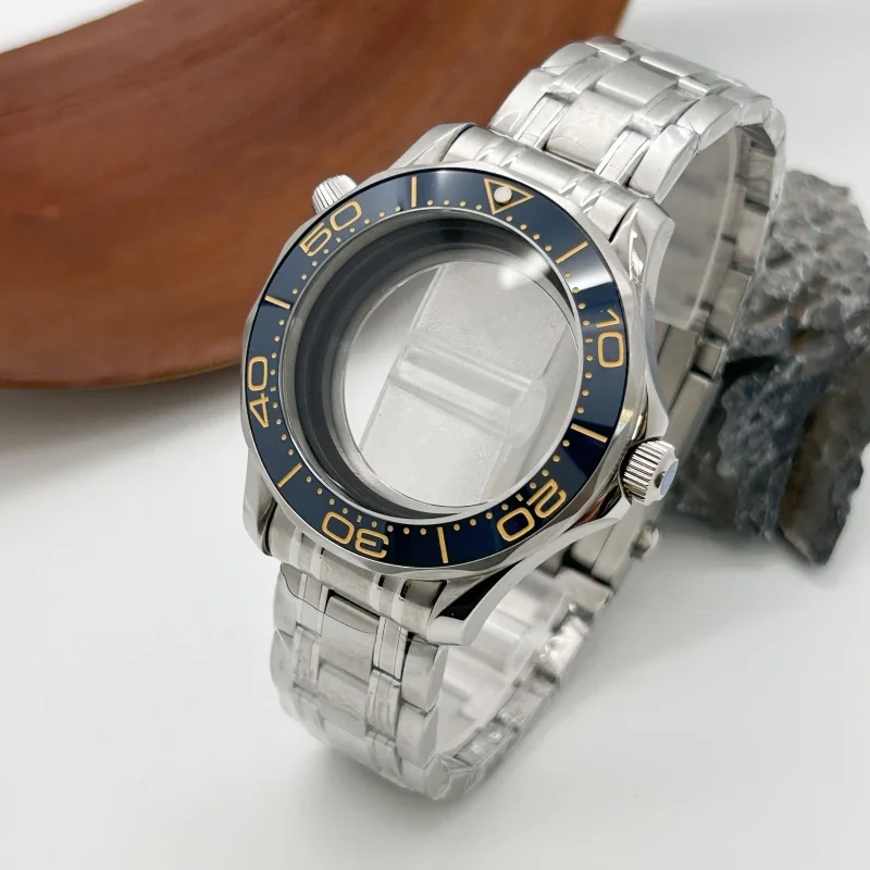 Vidrio Mineral de acero inoxidable plateado de 42mm para Omg300 NH35 NH36 NH70 funda deportiva impermeable para hombre banda de acero bisel cerámico sin logotipo