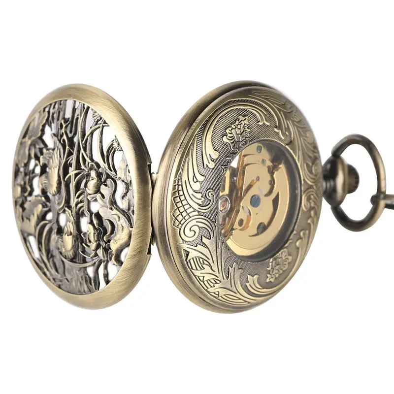 Bronze Hollow Mandarin Duck Pocket Watch Men Women Skeleton Automatic Mechanical Clock Roman Number Dial FOB Pendant Chain
