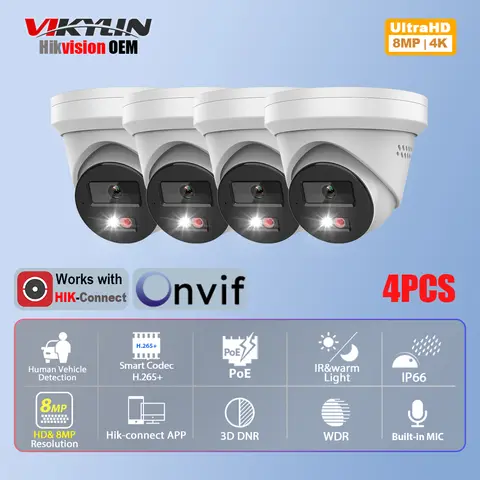 Vikylin 4PCS 카메라 키트 Hikvision OEM 스마트 듀얼 라이트 터렛 IP 카메라 5/8MP MD2.0 야외 비디오 감시 홈 CCTV H.265+