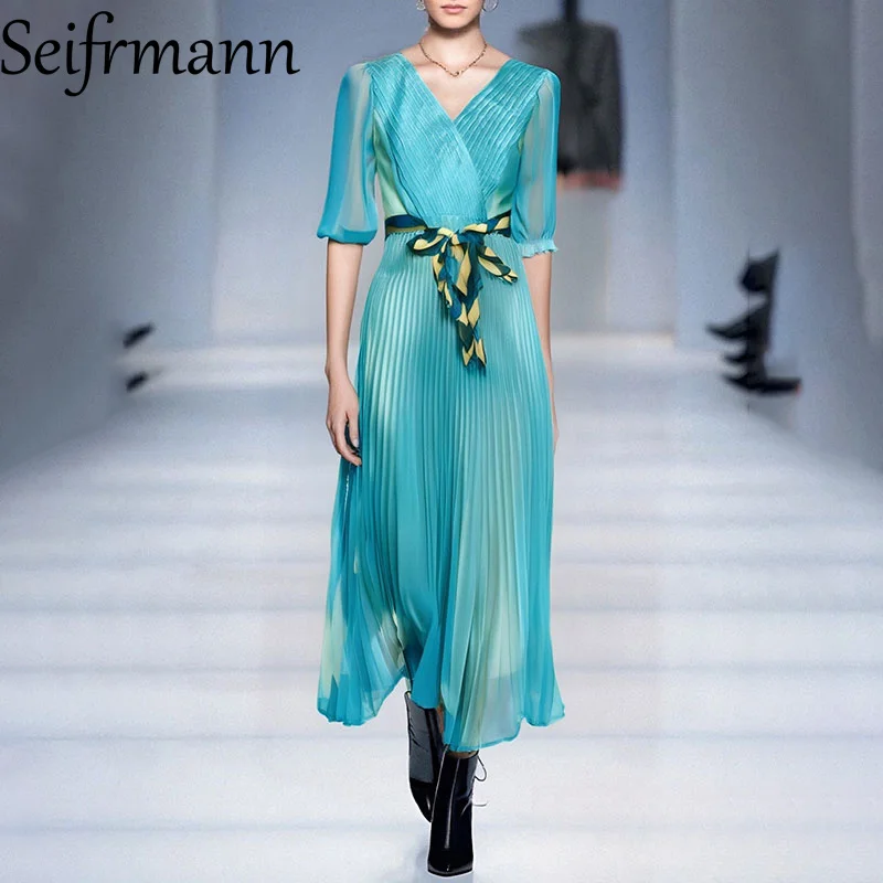 

Seifrmann 2025 European and American spring and summer women's V-neck seven quarter sleeve pleated long dress with belt