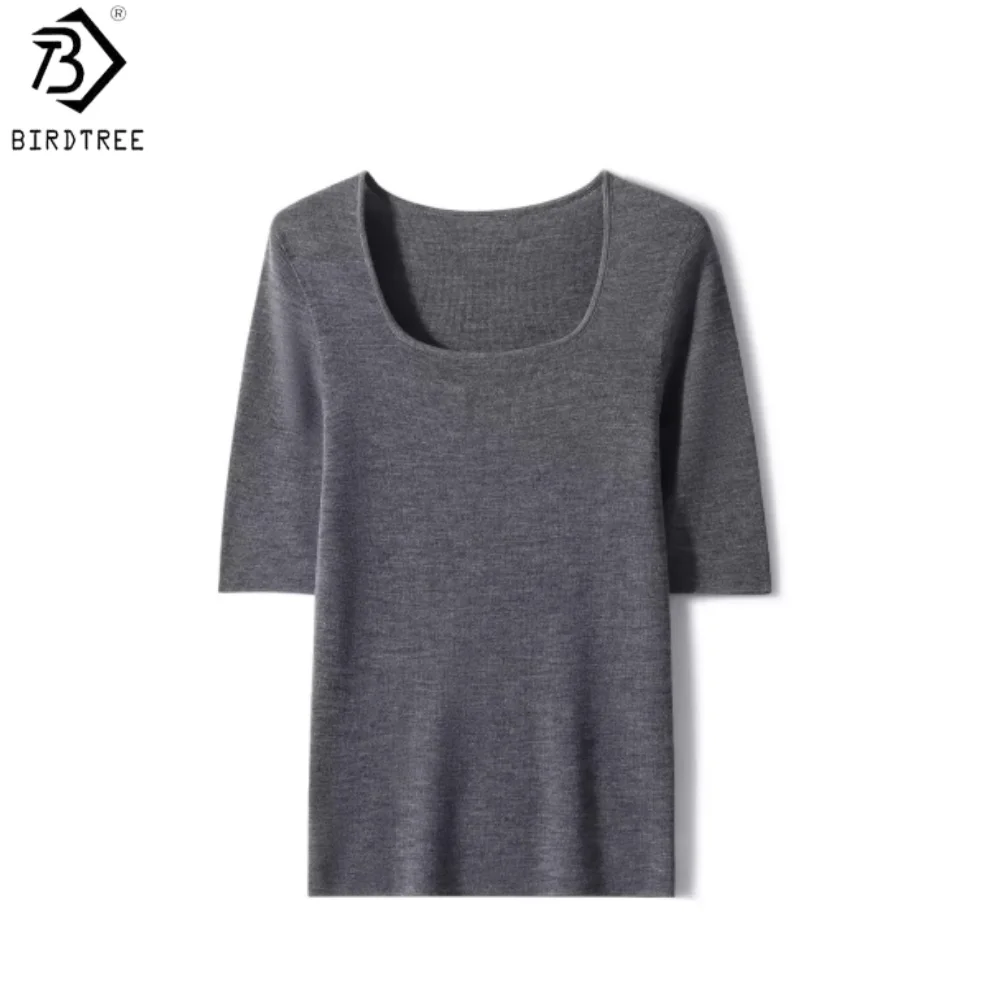 Birdtree, 100% Sheep Wool Solid Tshirt, U-neck Half Sleeve Seamless Tops, Women Knitted Thin Shirt, 2026 Autumn New T67911JF