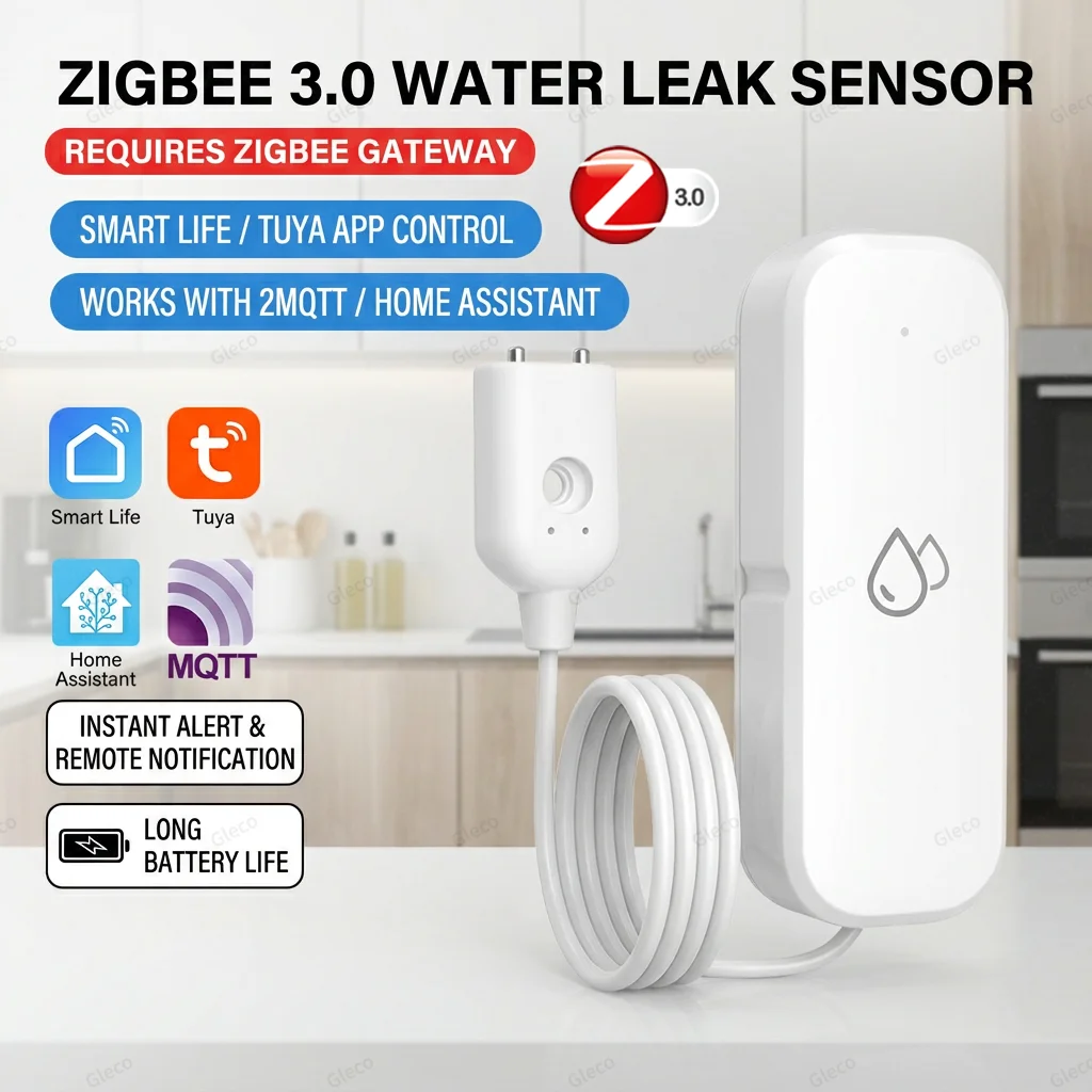 ZigBee-alarma con Sensor de fugas de agua, Detector inteligente de fugas de inundación para el hogar con protección de seguridad para Tuya Smart Life Z2M, puerta de enlace necesaria