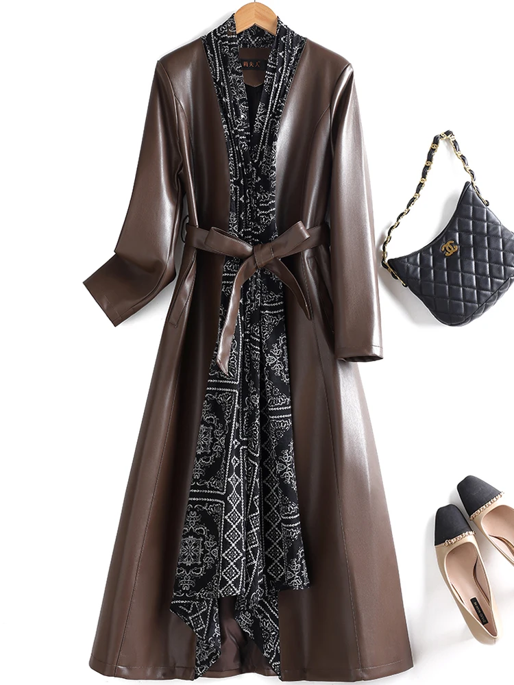 Leather coat women's mid length over knee leather windbreaker jacket tie up waist cinching coat 2025 Spring Autumn new style