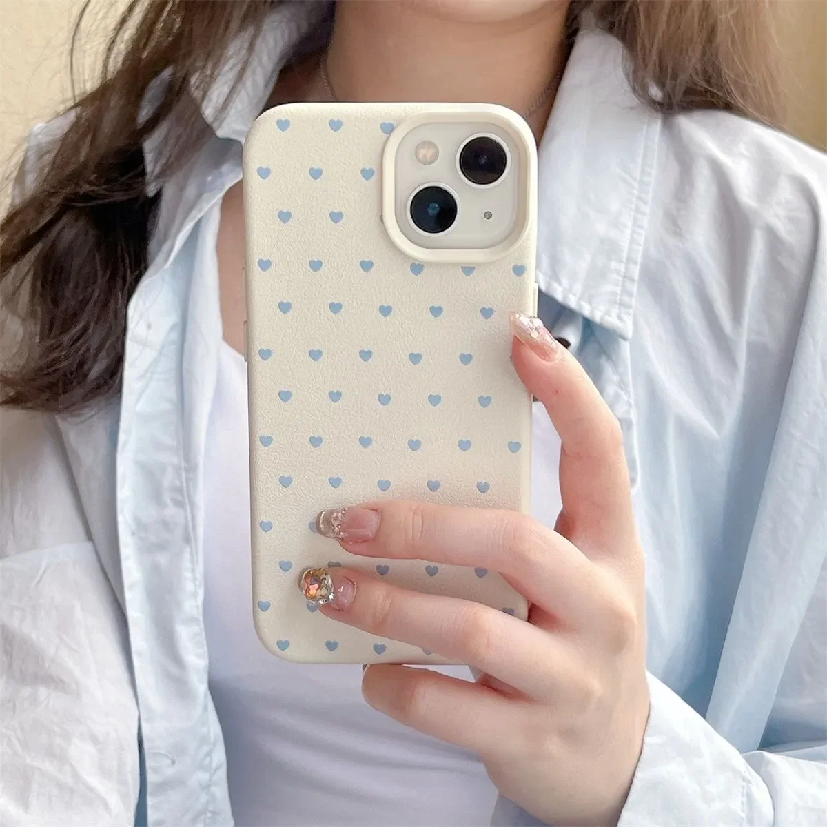 

Cute Love Heart Phone Case For iPhone 16 Pro Case iPhone 13 15 14 11 12 17 Pro Max 17 Air Soft Lichee Pattern Shockproof Cover