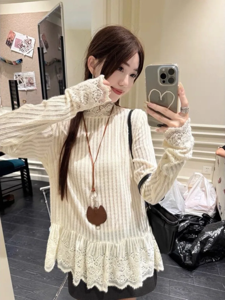 

Korean Sle Long Sve Lace Trim T-irt Women Early Spring Design Loose Slimming Base irt Top Commute Faion Casual Wear