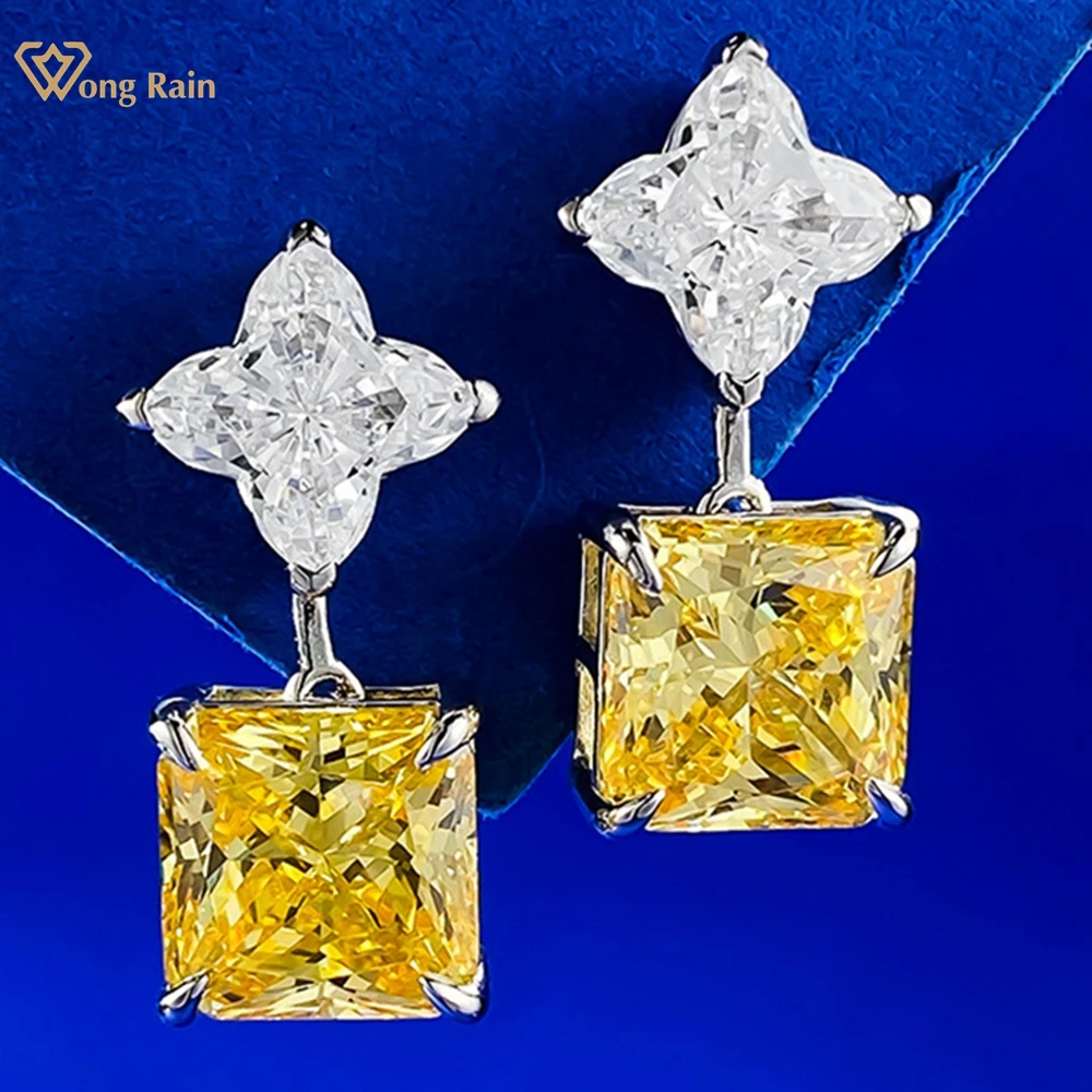 

Wong Rain 925 Sterling Silver Radiant Cut 10*10 MM Citrine Sapphire High Carbon Diamond Gemstone Drop Earrings for Women Jewelry