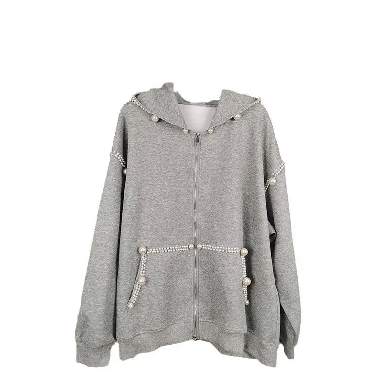 Grey hooded hoodie women v design sense niche loose lazy long sleeve top pearl suit