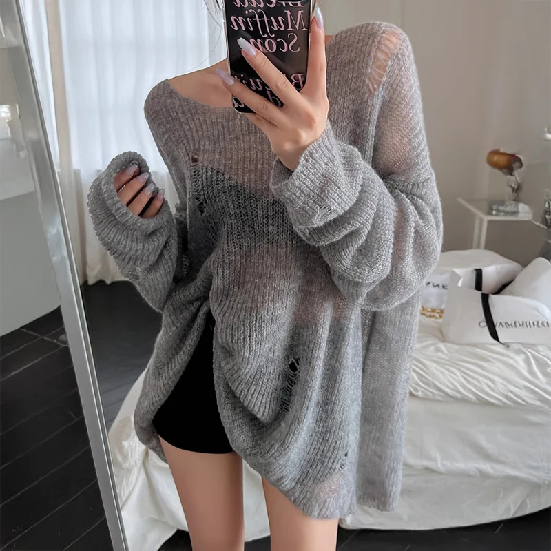

Distressed Knit Sweater Women Pullover Long Sleeve Boat-neck Plain Jumper with Ripped Hole Teen-girl Goth Grunge Y2K Outfit