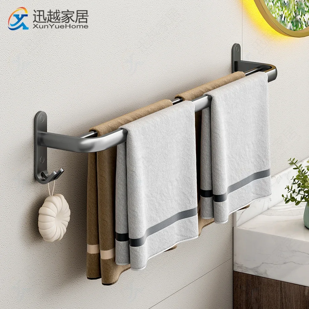 Hand Towel Bar 40-60CM Double Rod Rail Rack Wall Hanger With Hooks Gun Gray Shower Pole Aluminum Shelf Bathroom Accessories