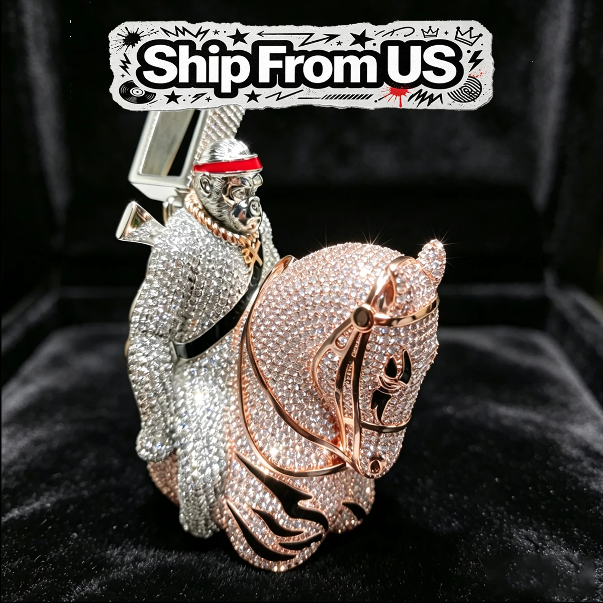 Hip Hop Charm Necklace Gorilla Riding Horse Design 3D Iced Out Micro Pave Cubic Zirconia 18K Gold Plated Fine Jewelry Gifts for Men Boy Friends Hip Hop Fans Party Stage Performance For Male Bling Street Jewelry Sparkling Zircon Trendy Rap Accessories