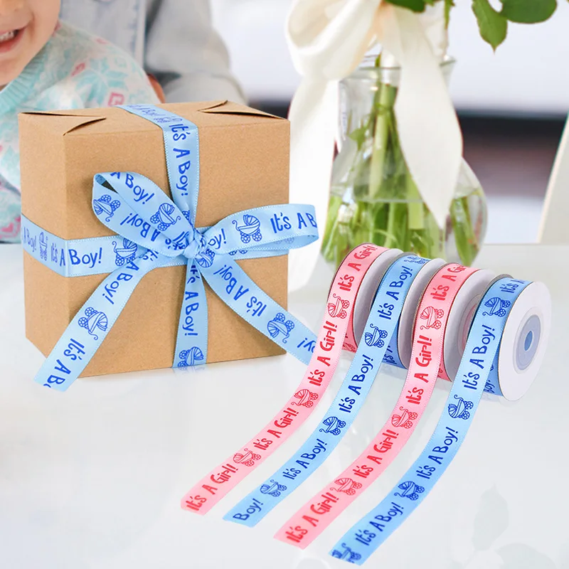 1 Roll 10Yard It Is A Boy Girl Printed Ribbon Gender Reveal Party Gift DIY Packing Craft Baby Shower Decoration Ribbons Supplies