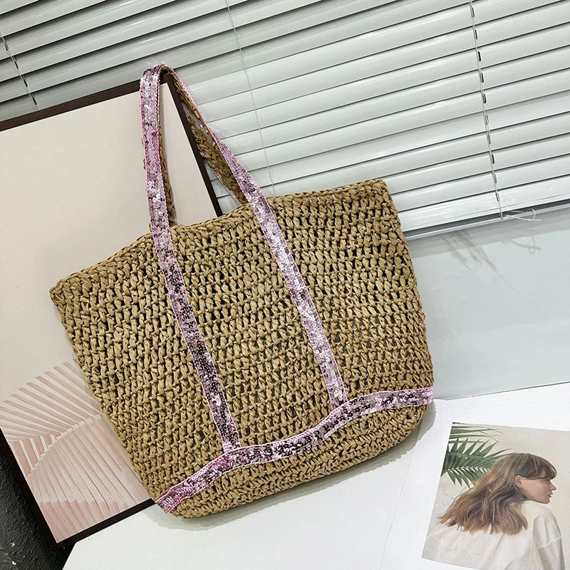 Summer Straw Shoulder Bags for Women Woven Seaside Beach Vacation Shopping Bags Casual Female Shoulder Handbags Totes